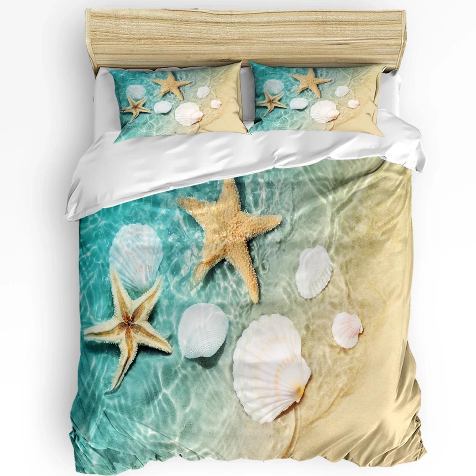 Beach Sea Starfish Shells Green 3pcs Bedding Set For Bedroom Double Bed Home Textile Duvet Cover Quilt Cover Pillowc